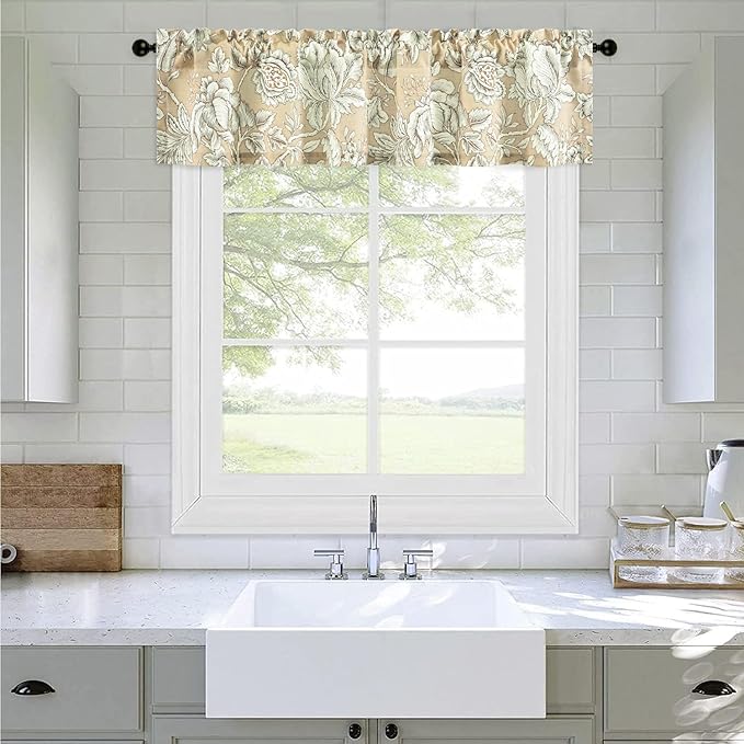 Leeva Vintage Floral Valance for Windows - Light Filtering Linen Textured Window Treatment with Rod Pocket, Farmhouse Decorative Curtain for Kitchen & Bedroom, 52" W x 12" L, 1 Panel