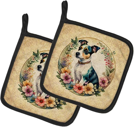 Caroline's Treasures Jack Russell Terrier and Flowers Pair of Pot Holders Kitchen Heat Resistant Pot Holders Sets Oven Hot Pads for Cooking Baking BBQ, 7 1/2 x 7 1/2
