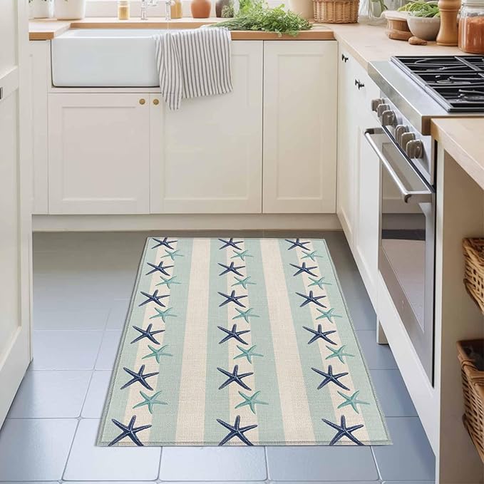 Area Rug 2x3ft, Summer Ocean Blue Teal Starfish Washable Rugs for Living Room Bedroom, Sea Star on Farmhouse Linen Soft Non-Slip Area Rugs Rectangle Floor Carpet for Dining Room