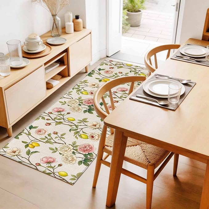 Runner Rug for Bedroom Hallway, Farmhouse Blossom Flower Leaf Lemon Kitchen Runner Rugs Area Rug 2x6ft, Summer Retro Floral Fruit Washable Soft Floor Carpet for Entryway Stair