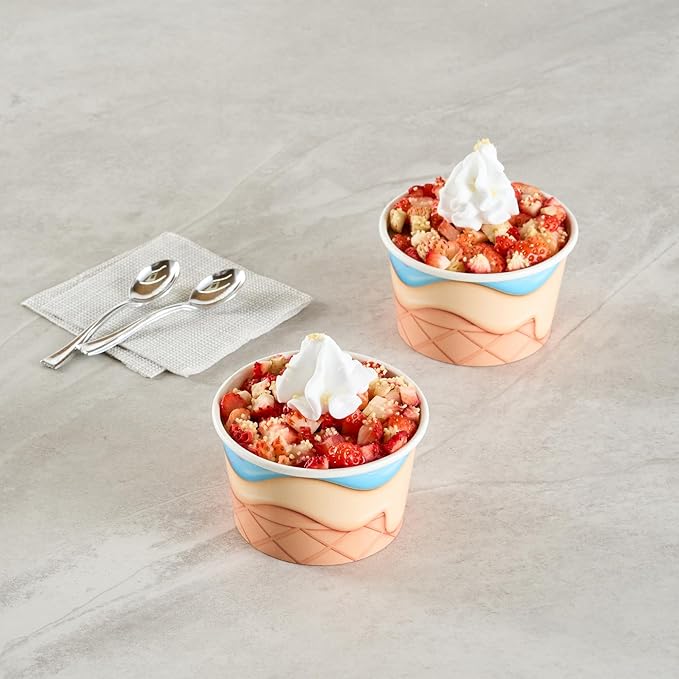 Restaurantware Ice Cream Cups 50 Pack of 8 oz Leak-Resistant Disposable Dessert Bowl Frozen Yogurt Cup Round Paper Container For Cold And Hot Desserts