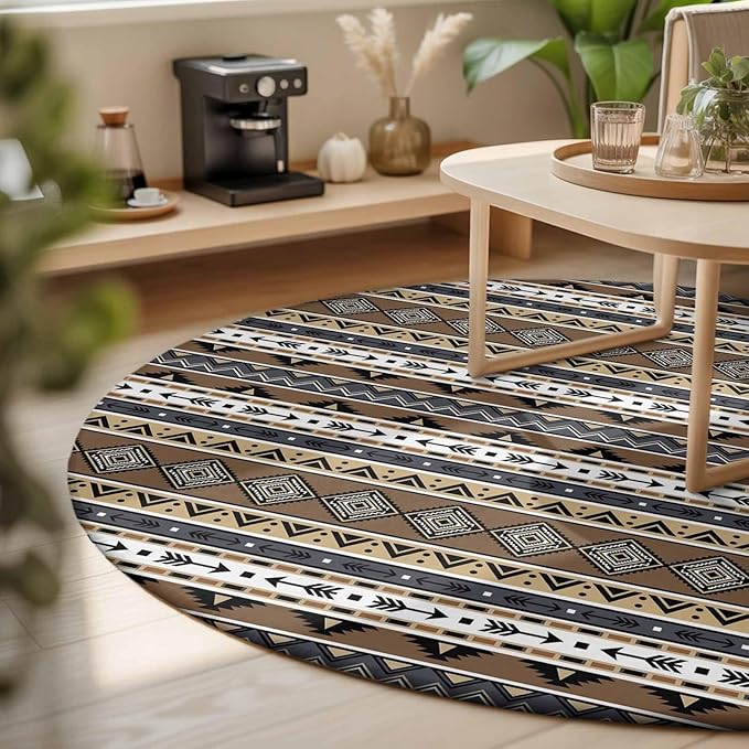 Washable Round Area Rug Boho Tribal Stripes Circle Rugs Floor Carpet for Living Room Bedroom, Ethnic Borders Arrow Motifs Soft Non Slip Round Rug 3ft