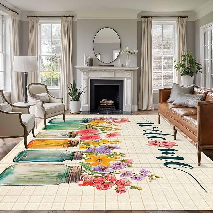 Area Rug 9x12ft, Summer Pastoral Flower Buffalo Plaid Washable Rugs for Living Room Bedroom Rectangle Floor Carpet, Rustic Blossom Floral Soft Non-Slip Area Rugs for Dining Room