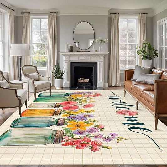 Area Rug 9x12ft, Summer Pastoral Flower Buffalo Plaid Washable Rugs for Living Room Bedroom Rectangle Floor Carpet, Rustic Blossom Floral Soft Non-Slip Area Rugs for Dining Room