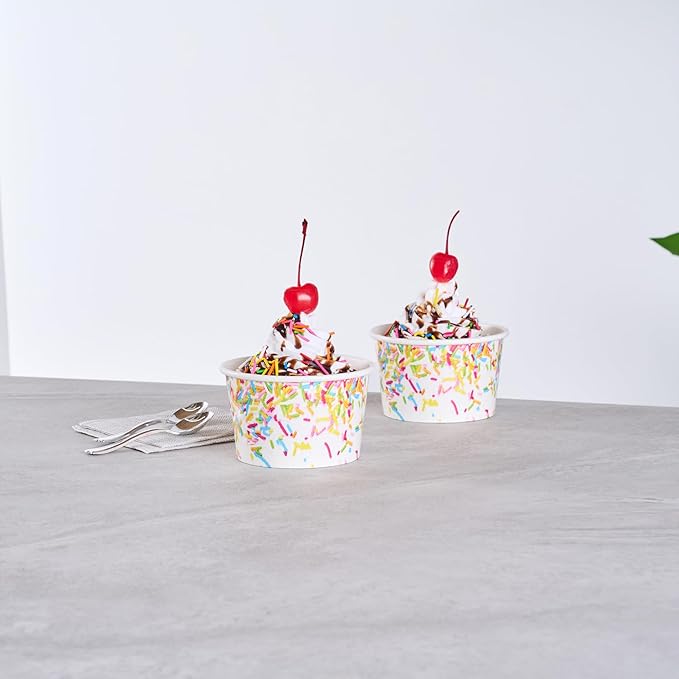 Coppetta 8 Ounce Dessert Cups, 200 Greaseproof Ice Cream Cups - Lids Sold Separately, For Hot And Cold Foods, White Paper Yogurt Bowls, Party Sprinkle Design, Disposable, Sturdy - Restaurantware