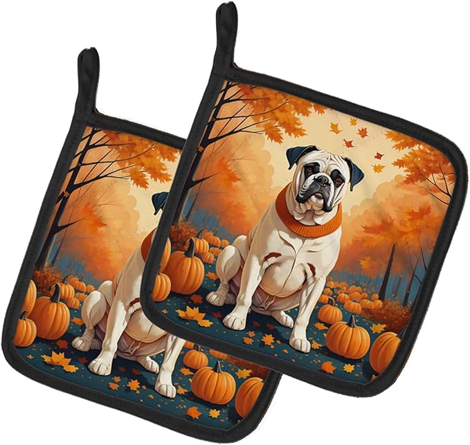 Caroline's Treasures DAC1025PTHD White Boxer Fall Pair of Pot Holders Kitchen Heat Resistant Pot Holders Sets Oven Hot Pads for Cooking Baking BBQ, 7 1/2 x 7 1/2