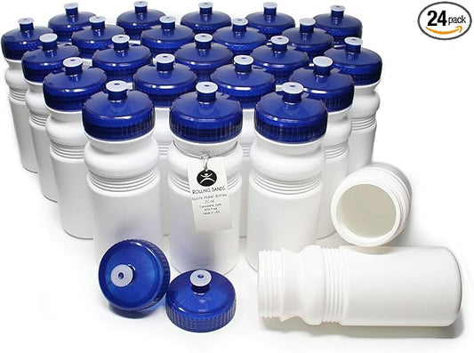 Rolling Sands Reusable Bulk Water Bottles 24 Pack - 20 Oz Sports Water Bottles, USA Made, BPA-Free, Wide Mouth for Easy Cleaning, Dishwasher Safe, Break Resistant - White Bottle/Navy Lid