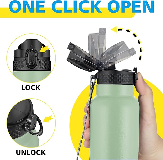 Han's Bottle Sports Water Bottle - 24 Oz, Straw Lid, Leak Proof, Vacuum Insulated Stainless Steel, Double Walled, Thermo Mug,Pine Green