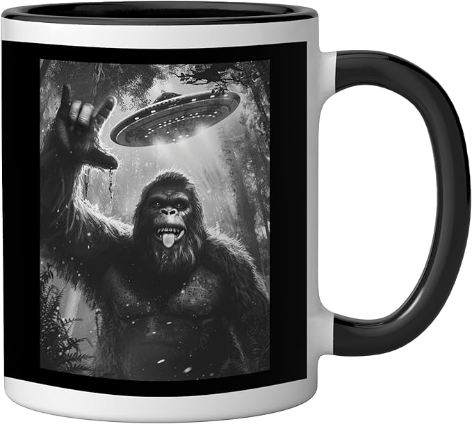 Funny Sasquatch Bigfoot Rock On Selfie with UFO Alien Saucer Ceramic Mug, Black/White