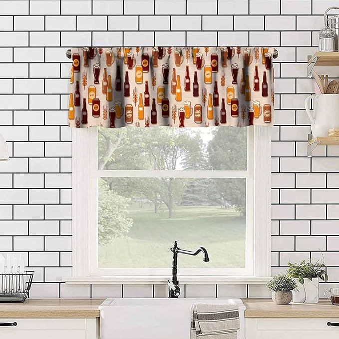 Retro Beer Curtain Valance, Brown Beer Wheat Bottle Print Decorative Short Rod Pocket Window Treatment for Kitchen Dining Bedroom Living Room, 54x18Inch