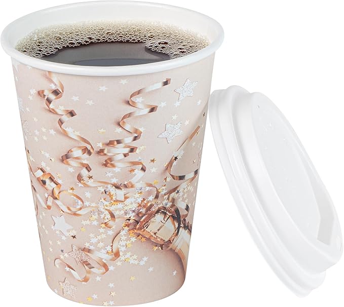 Restaurantware-Restpresso 12 Ounce New Year’s Eve Party Cups, 400 Hot Cups With Plastic Lids - Rolled Rim, Single Wall, Disposable Paper Coffee Cups, Sustainable, Serve Hot And Cold Drinks