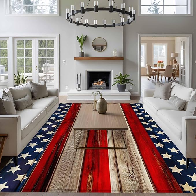 Area Rug 6x9ft, Vintage Stripes and Stars Washable Rugs for Living Room Bedroom, Patriotic 250th Anniversary Soft Non-Slip Area Rugs Rectangle Floor Carpet for Dining Room