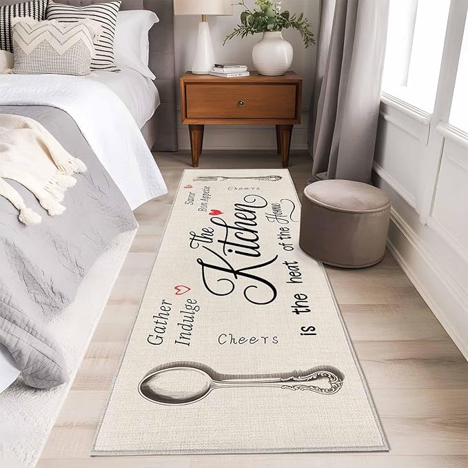 Runner Rug for Bedroom Hallway, Spoon Fork Vintage Farmhouse Kitchen Runner Rugs Area Rug 2x6ft, Abstract Love Retro Linen Washable Soft Floor Carpet for Entryway Stair