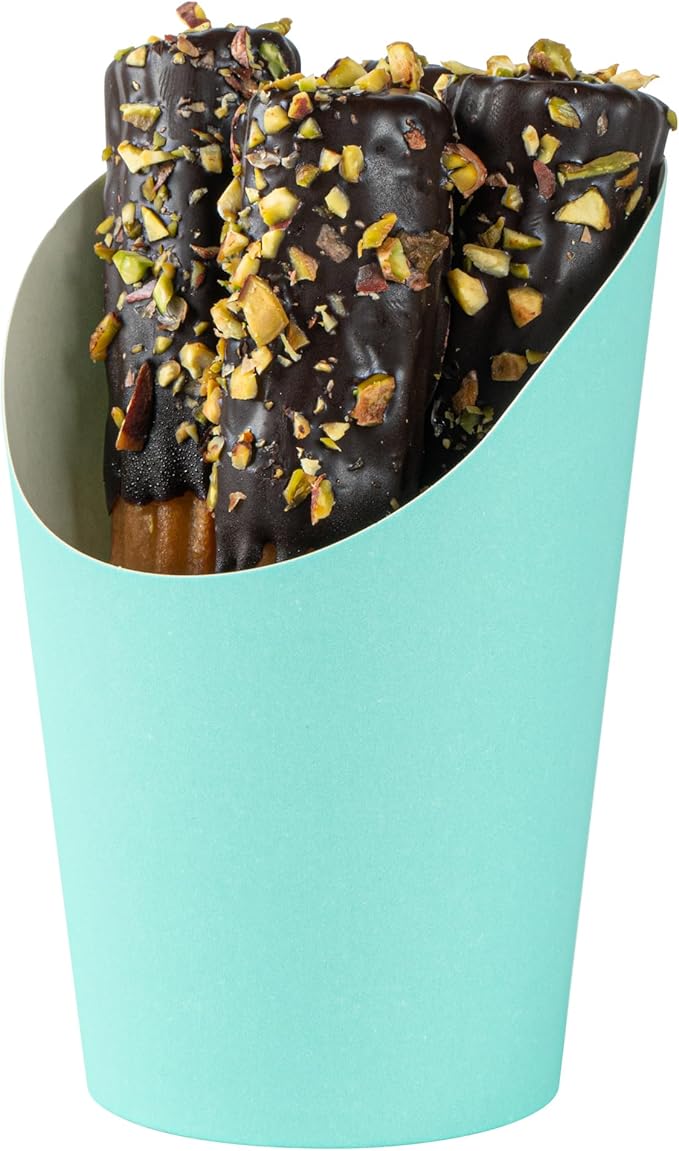 Bio Tek 12 Ounce French Fry Containers, 100 Disposable Charcuterie Cups - Incline Design, Round, Turquoise Paper French Fry Cups, Stackable, For Waffles, Chips, or Popcorn - Restaurantware