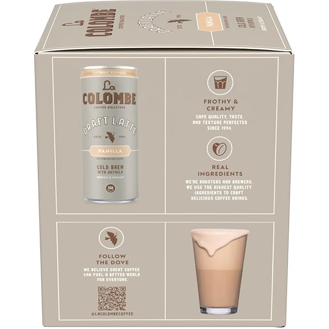 La Colombe Vanilla Draft Latte with Oatmilk - 9 Fl. Oz. 4 Pack - 100% Arabica Brazilian Cold Brew Coffee with Nitrous-Infused Oatmilk, Dairy-Free Vegan Latte, 120mg Natural Caffeine