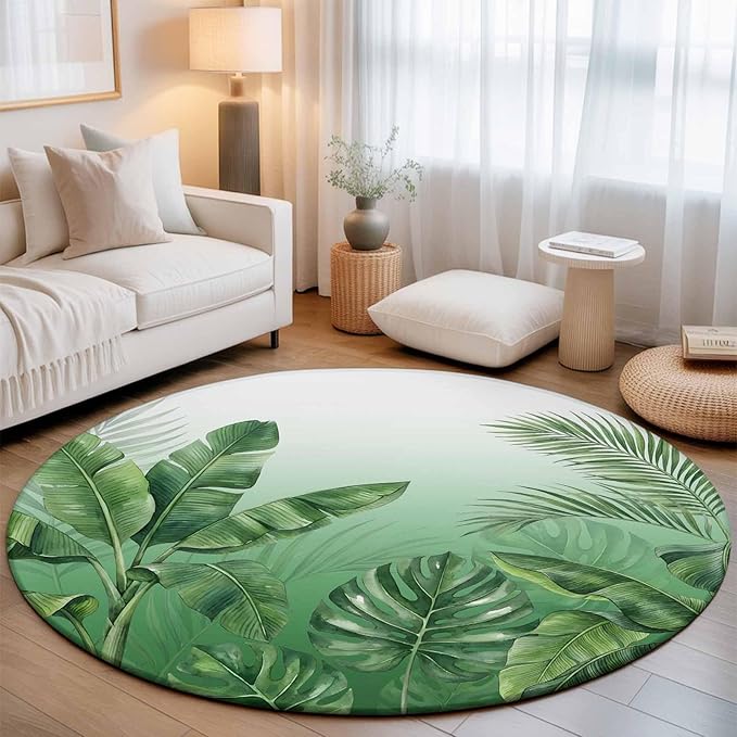 Washable Round Area Rug Botanical Rainforest Plants Circle Rugs Floor Carpet for Living Room Bedroom, Watercolor Tropical Banana Leaves Soft Non Slip Round Rug 5ft