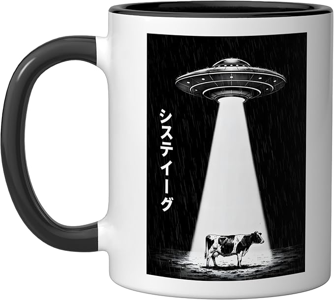 UFO Alien Abduction Graphic Flying Saucer Beam Scene Ceramic Mug, Black/White