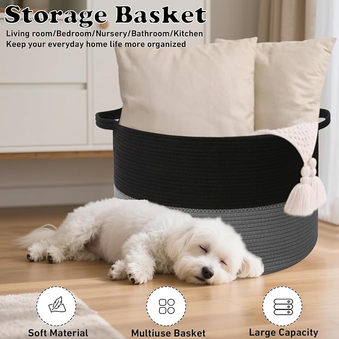 65L Large Blanket Basket,Woven Rope Laundry Basket Hamper with Handles,Decorative Nursery Basket Storage Bin for Toys, Pillows,Clothes Organizer, Living Room,Bedroom,Bathroom,Black&Dark Grey