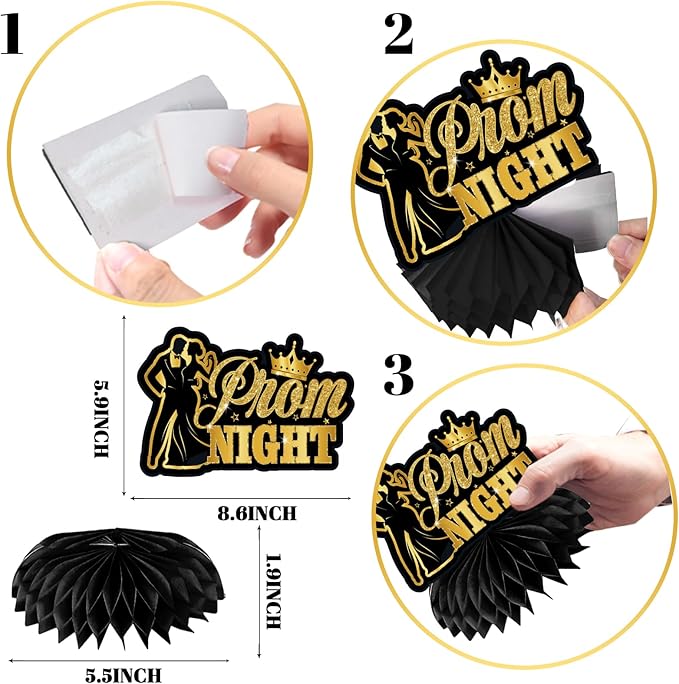 Prom Decorations 2026 Honeycomb Centerppieces, 12Pcs Black and Gold Prom Centerpieces for Table Prom Night Table Decorations High School College Graduation Celebration Prom Party Favors