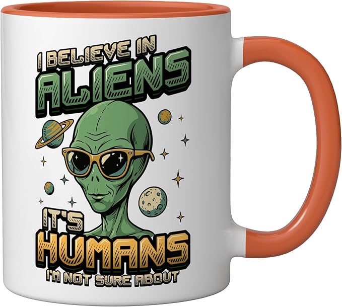 Alien Believer UFO Extraterrestrial Space Lover Ceramic Mug, Orange/White