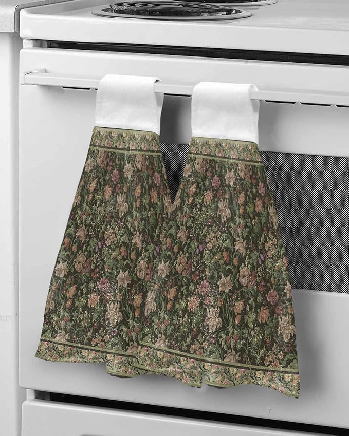 Alandar Home Kitchen Tie Towel Set of 1, Retro Flower Botanical on Green Absorbent Soft Hand Towels for Bathroom Hanging Towels, Vintage Ethnic Style Fast Drying Cleaning Cloth with Loop