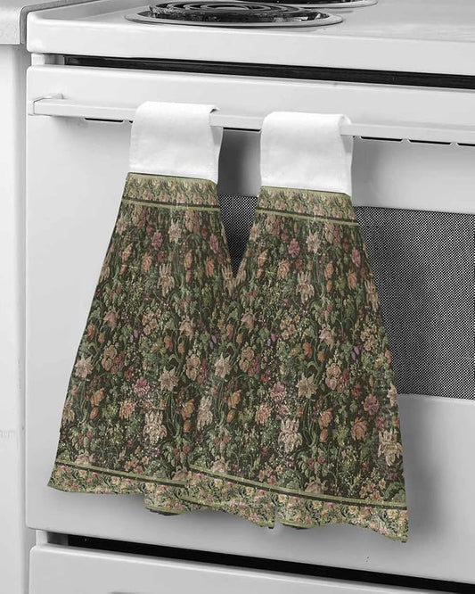 Alandar Home Kitchen Tie Towel Set of 2, Retro Flower Botanical on Green Absorbent Soft Hand Towels for Bathroom Hanging Towels, Vintage Ethnic Style Fast Drying Cleaning Cloth with Loop