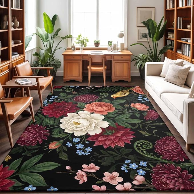 Area Rug 4x6ft, Pastoral Colorful Flower Leaf Washable Rugs for Living Room Bedroom, Country Blossom Floral Bird Soft Non-Slip Area Rugs Rectangle Floor Carpet for Dining Room