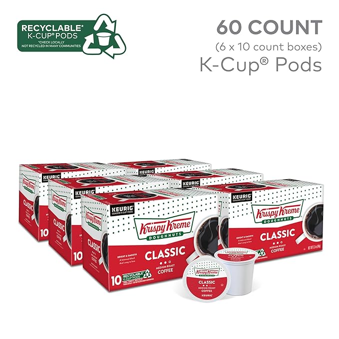Krispy Kreme Classic Keurig Single-Serve K-Cup Pods, Medium Roast Coffee, 60 Count (6 Packs of 10)