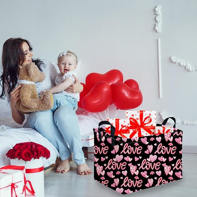 Rectangular Black heart,Valentines Basket,baby Gift Basket Empty,Pink Gift baskets with Handle Organizer,Hearts Print easter Baskets,Girl Room Decor(Sweet love)