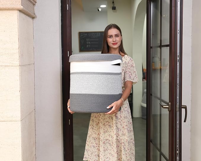 16" x 16" x 18" Extra Large Storage Basket with Lid, Cotton Rope Storage Baskets, Laundry Hamper, Cloth Bin, for Clothes Towels Blankets Pillows Storage in Living Room, White/Grey Mix/Dark Grey