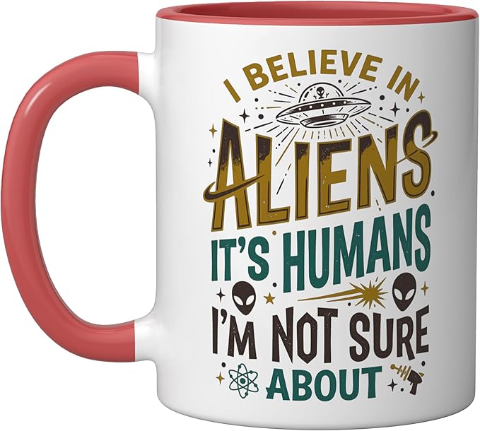 Alien Believer UFO Extraterrestrial Space Lover Ceramic Mug, Red/White
