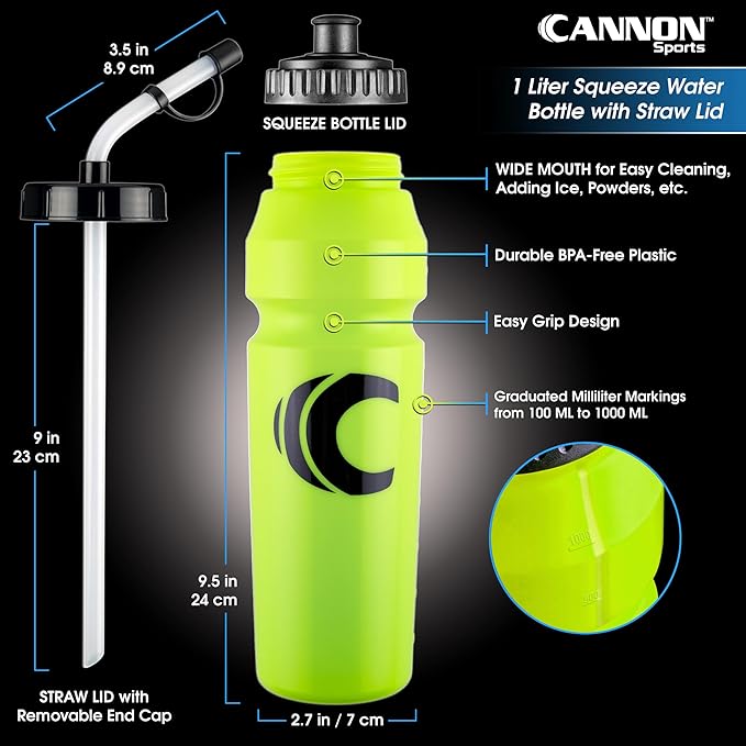 Cannon Sports 1 Liter Sports Water Bottle, BPA-Free, 34 Oz Capacity, Large Mouth, 2 lids (Straw and Squeeze), Great For Helmet Sports Such As Hockey, Lacrosse, Football, Boxing (Lime Green)