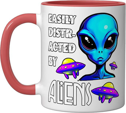 Easily Distracted By Aliens Funny Sci Fi Apparel Design Ceramic Mug, Red/White