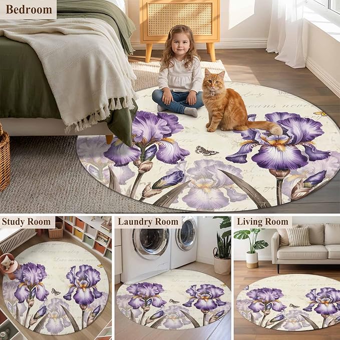 Washable Round Area Rug Pastoral Purple Flower Watercolor Circle Rugs Floor Carpet for Living Room Bedroom, Country Botanical Butterflies Soft Non Slip Round Rug 4ft