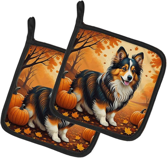 Caroline's Treasures DAC1071PTHD Sheltie Fall Pair of Pot Holders Kitchen Heat Resistant Pot Holders Sets Oven Hot Pads for Cooking Baking BBQ, 7 1/2 x 7 1/2