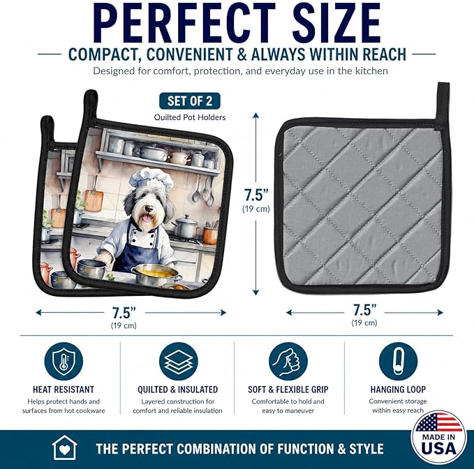 Caroline's Treasures Old English Sheepdog The Chef Pair of Pot Holders Kitchen Heat Resistant Pot Holders Sets Oven Hot Pads for Cooking Baking BBQ, 7 1/2 x 7 1/2