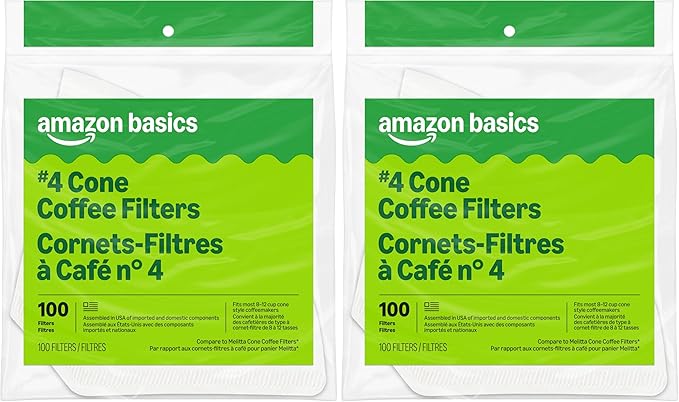 Amazon Basics Number 4 Cone Coffee Filters for 8-12 Cup Coffee Makers, White, 100 Count (Pack of 2)