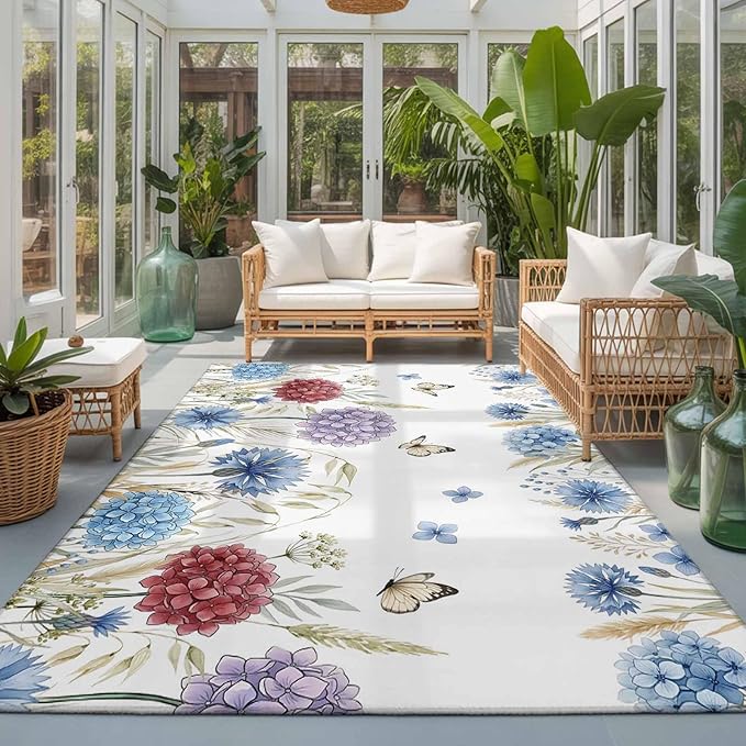Area Rug 3x5ft, Watercolor Hydrangea Flower Washable Rugs for Living Room Bedroom, Garden Floral Butterfly Leaves Soft Non-Slip Area Rugs Rectangle Floor Carpet for Dining Room