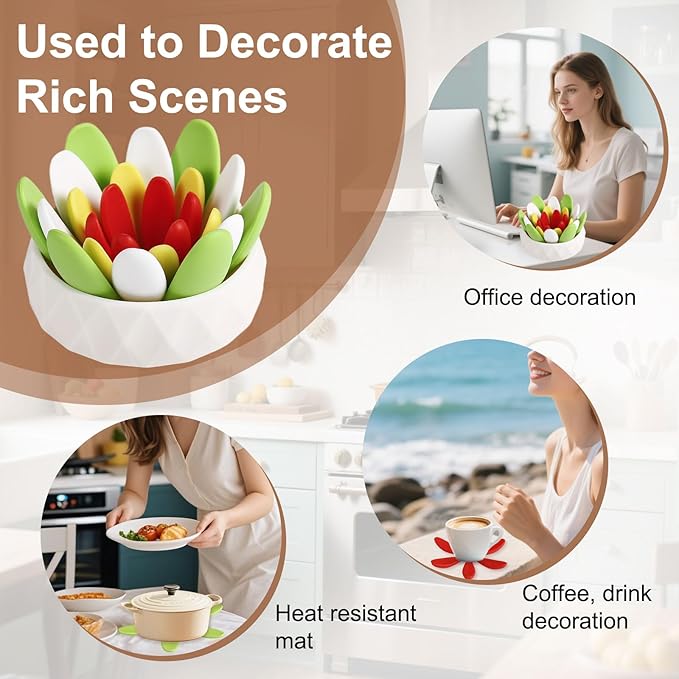 Silicone Succulent Cup Coasters Set of 4, Colorful Trivet Mats, Hot Pads for Pots Pans, Foldable Heat Resistant Coasters with Holder, Multipurpose Kitchen Table Protection (Green Yellow White Red)