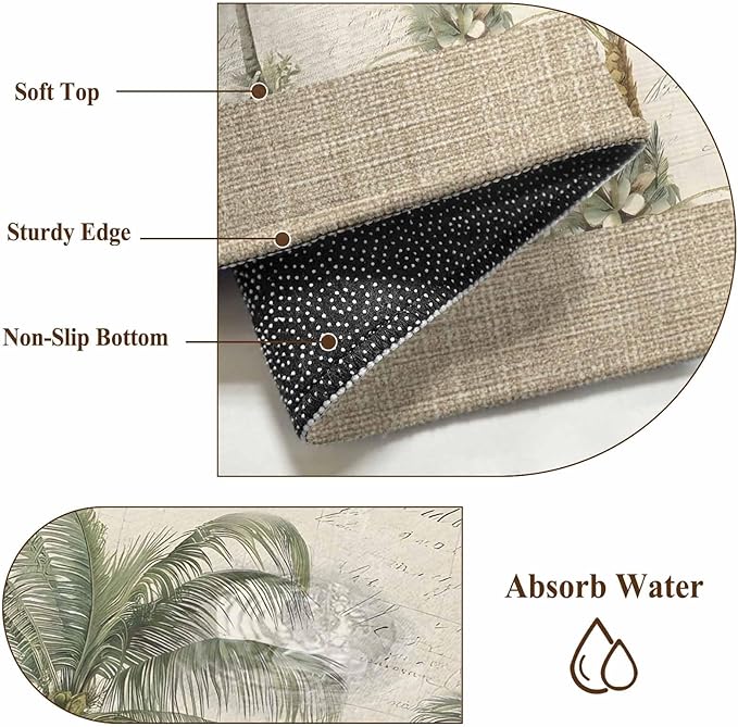 Washable Round Area Rug Coastal Tropical Olive Green Palm Trees Circle Rugs Floor Carpet for Living Room Bedroom, Classic Retro Linen Soft Non Slip Round Rug 3ft