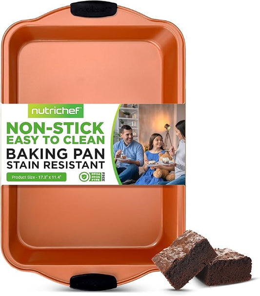 NutriChef 17 Inch x 11 Inch Nonstick Cake Pan, Deluxe Gold Carbon Steel Bakeware W/ Blue Silicone Handles, Ideal for Baking Cakes, Muffins, Loafs, Premium Metal Pan, Compatible with Model NCSBSG36