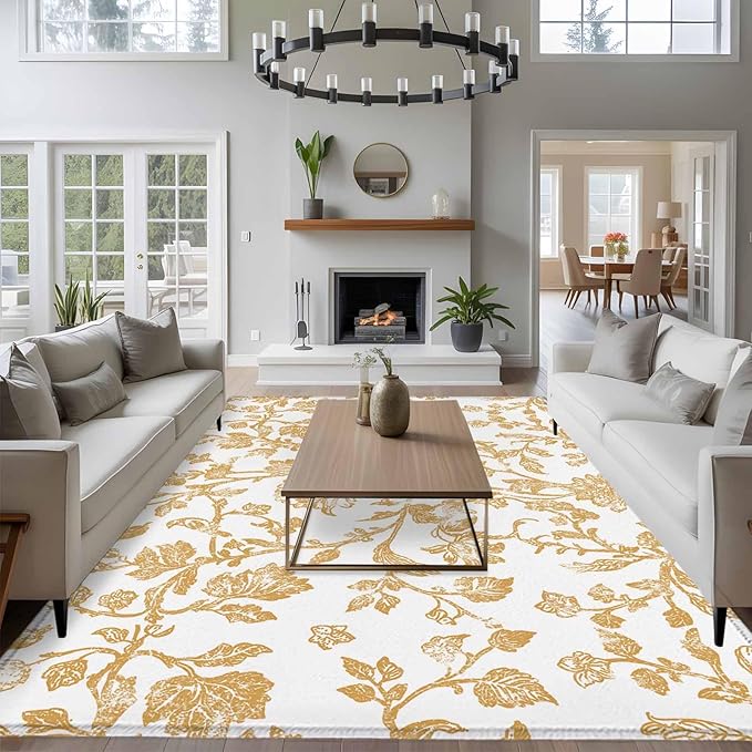 Area Rug 6x9ft, Vintage Farmhouse Flowers Pattern Washable Rugs for Living Room Bedroom, Yellow Floral Art Soft Non-Slip Area Rugs Rectangle Floor Carpet for Dining Room