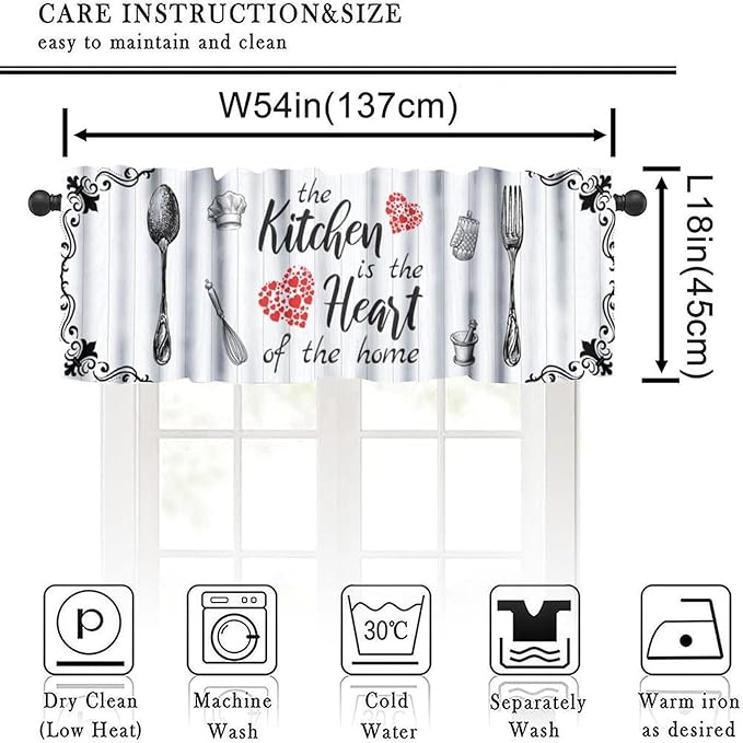Retro Kitchen Valance, White Black Farmhouse Country Fork Spoon Heart Wooden Farm Short Curtain for Dining Room Bedroom Living Room Resturant Cafe Home Decoration, 54x18Inch