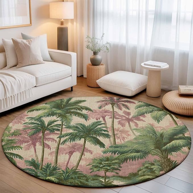 Washable Round Area Rug Exotic Forest Green Pink Palms Tree Circle Rugs Floor Carpet for Living Room Bedroom, Vintage Botantical Soft Non Slip Round Rug 3ft