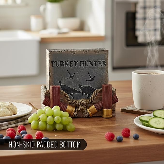 Pine Ridge Buckshot Absorbent Coaster Set with Holder - Table Coasters Home Decors for Drinks - Rustic Turkey Hunter Country Coaster Decoration