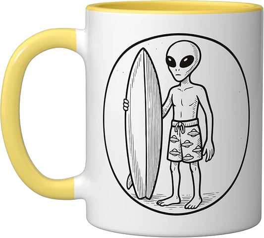Alien with Surfboard Ceramic Mug, Yellow/White