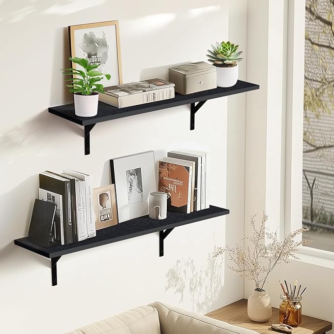 Tectocker-DOU Heavy Duty Long Wall Shelves Set of 2, Floating Shelves Wall Mounted with Industrial Brackets, 40lbs Capacity Shelves for Laundry Room, Kitchen, Bathroom, Living Room (31.5"*8",Black)