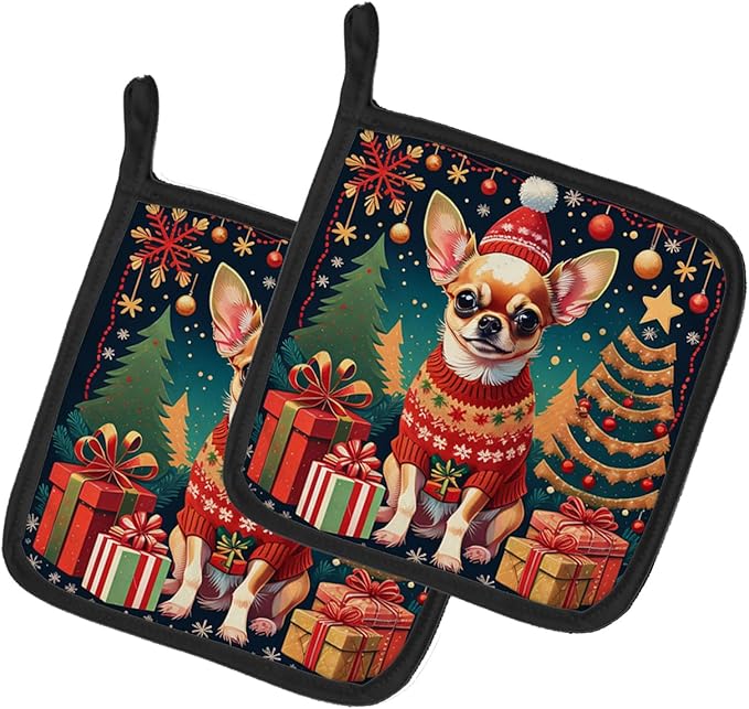 Caroline's Treasures Chihuahua Christmas Pair of Pot Holders Kitchen Heat Resistant Pot Holders Sets Oven Hot Pads for Cooking Baking BBQ, 7 1/2 x 7 1/2