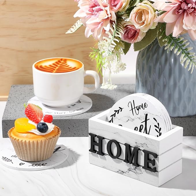 Queekay Coasters Set of 6 House Warming Gifts New Home Wooden Farmhouse Drink Coasters with Holder 4'' Funny Decoration for Kitchen Family Coffee Bar Tabletop Protection(White Marble)