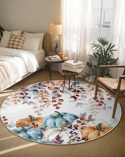 Round Area Rug,Fall Thanksgiving Pumpkin Orange Eucalyptus Leaf Circle Living Room Rug Non-Slip Rugs Indoor Carpet,Autumn Fallen Leaves Soft Comfort Rugs for Bedroom KidsRoom Nursery